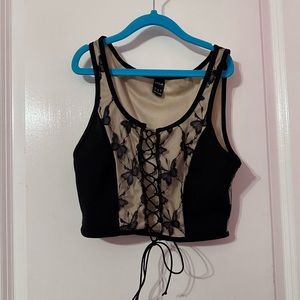 black cropped top with butterfly lace w/ a opening